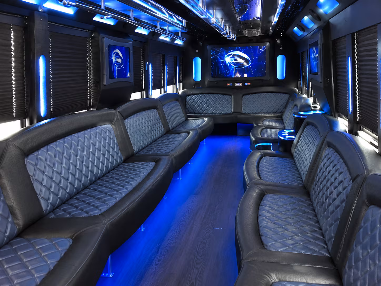 Friends laughing during a party bus celebration in Orlando